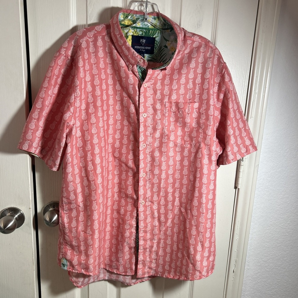 International Report Button Up Shirt Men XL Pink Tropical Collection Pinenapple